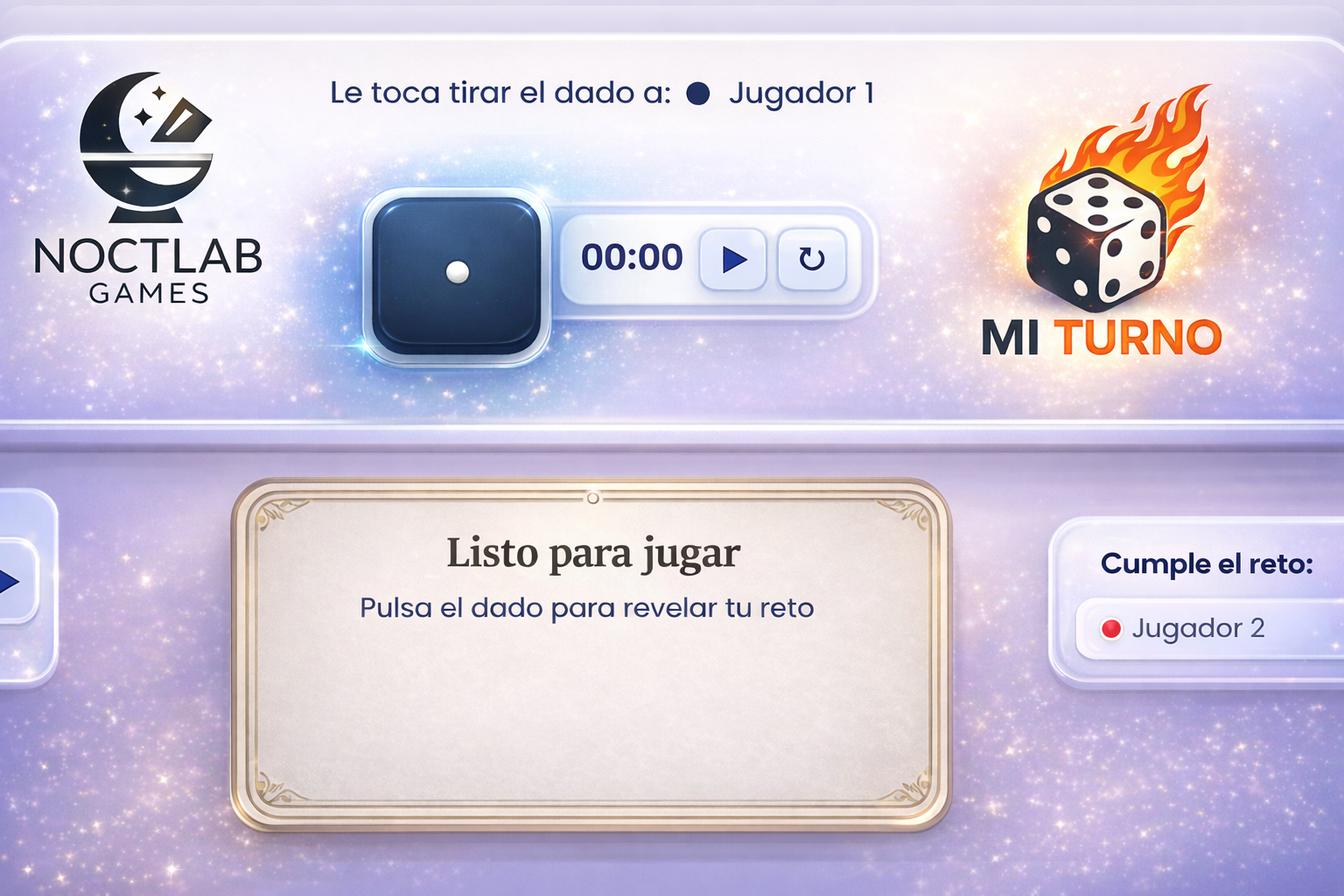 Captura de pantalla del tablero de Mi Turno – juego erótico online de NoctLab con dados y tarjetas de retos