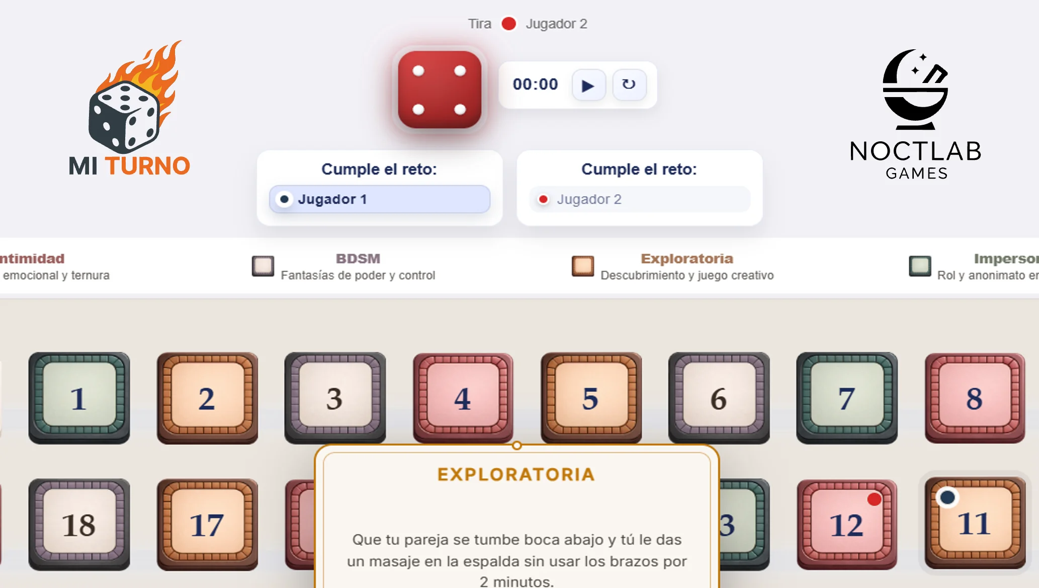 Captura de pantalla del tablero de Mi Turno – juego erótico online de NoctLab con dados y tarjetas de retos