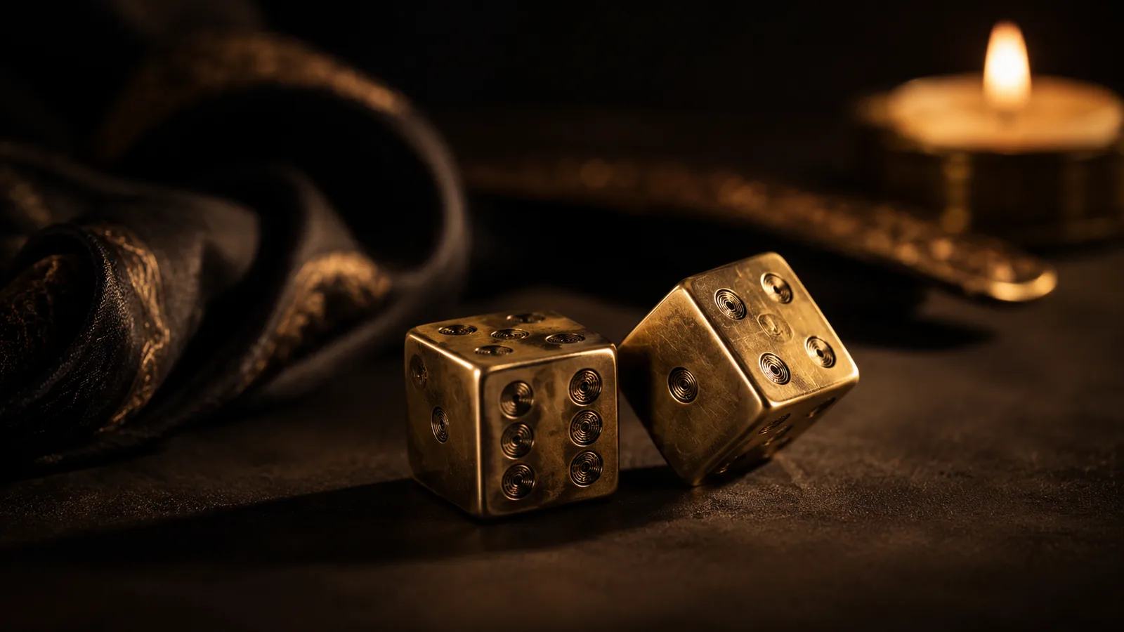Dos dados dorados elegantes sobre una superficie oscura junto a una vela encendida, evocando un juego erótico con intención más allá del azar, sin personas