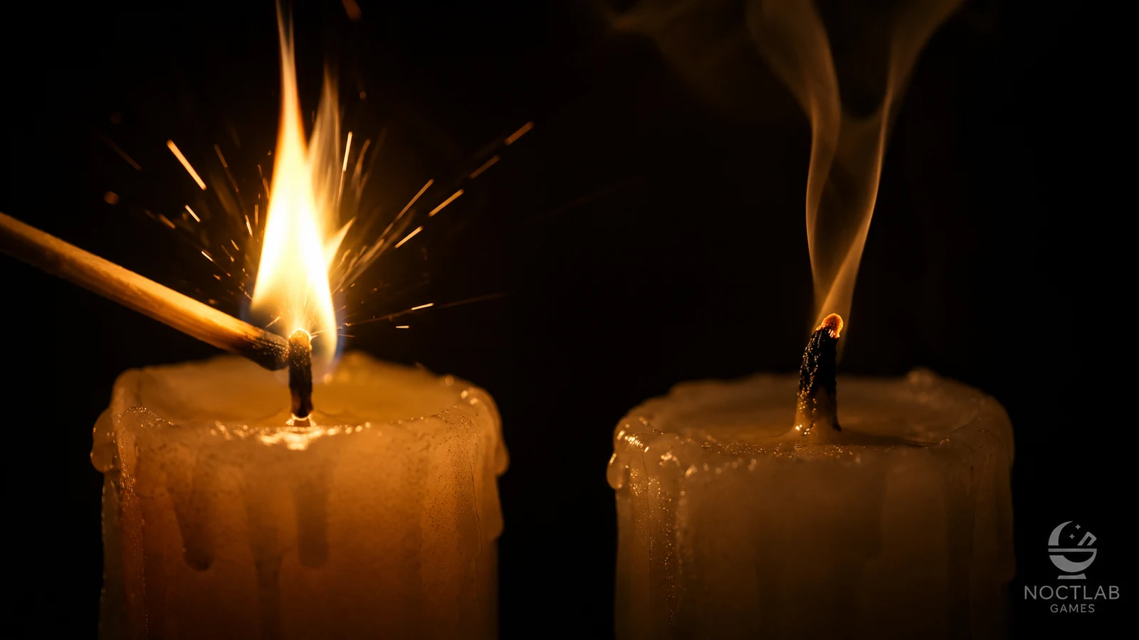 Dos velas encendiéndose en la oscuridad: una prende con una chispa brillante, la otra apenas empieza a arder — metáfora del deseo espontáneo y el deseo que necesita tiempo