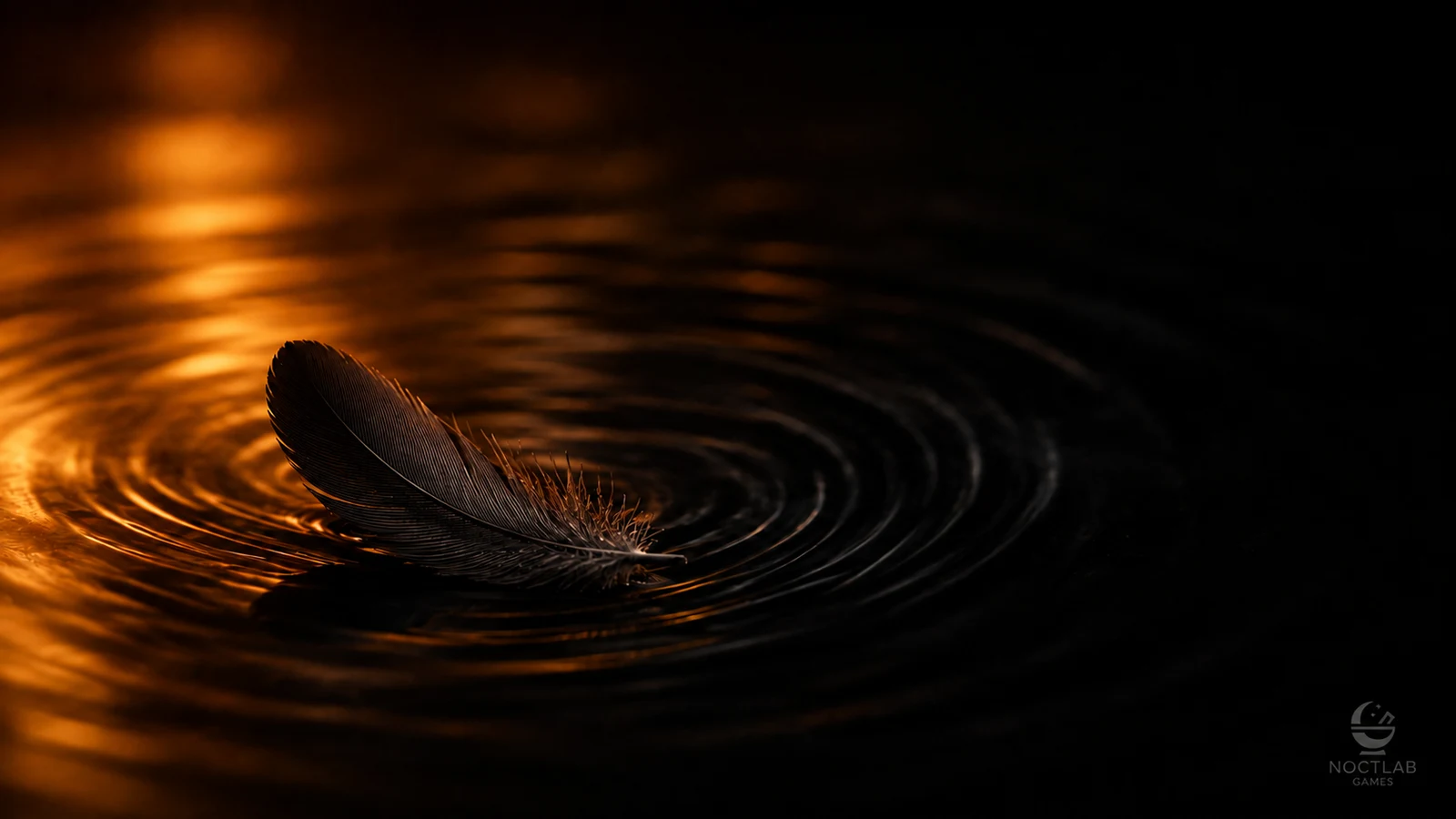 Una pluma oscura flotando sobre el agua en penumbra, con ondas concéntricas expandiéndose en una dirección que no coincide del todo con el punto de caída — metáfora de una señal que no refleja fielmente su origen