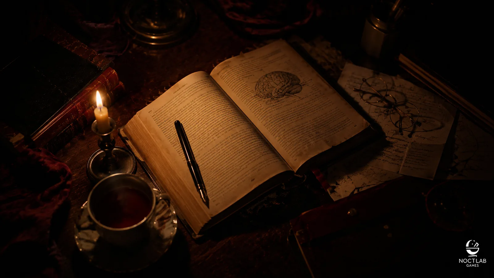 Mesa de despacho clínico-elegante con un libro abierto de psicología, pluma estilográfica, taza de té, una vela encendida y gafas de lectura — gabinete sexológico de noche