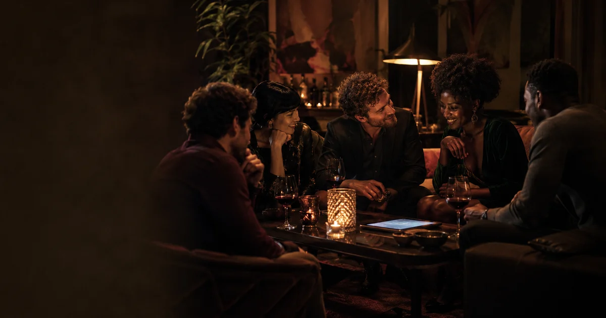 Grupo de amigos adultos jugando de noche alrededor de una mesa con velas, copas de vino y una tableta — ambiente íntimo de juego erótico para grupos