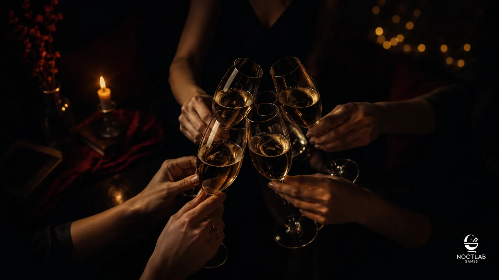Cinco copas de cava brindando en círculo vistas desde arriba, con luces de guirnalda doradas desenfocadas al fondo — atmósfera nocturna íntima de salón, no discoteca