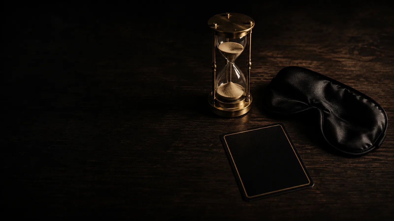 Reloj de arena de latón a medio caer, antifaz de seda negra y una carta boca abajo con filete dorado sobre madera oscura, a media luz — el tiempo, la venda y la regla que definen un reto