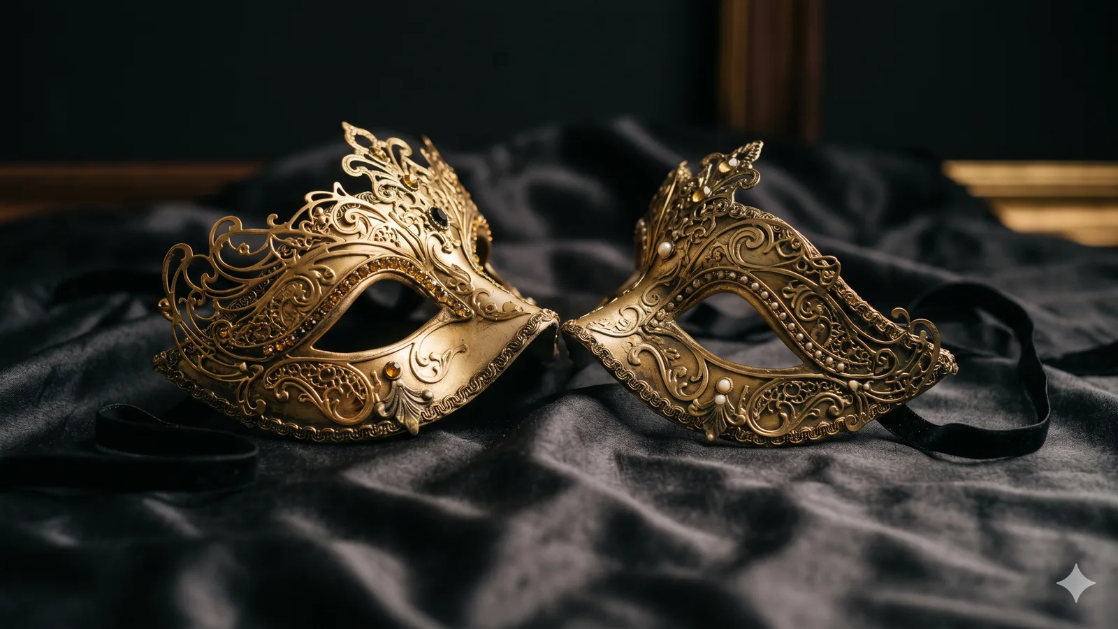 Dos máscaras venecianas doradas apoyadas sobre seda oscura, una frente a otra — el juego de identidades como metáfora del roleplay en pareja, sin cuerpo identificable